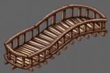 wooden bridge over a calm river surrounded by trees and mountains in the background. Generative AI