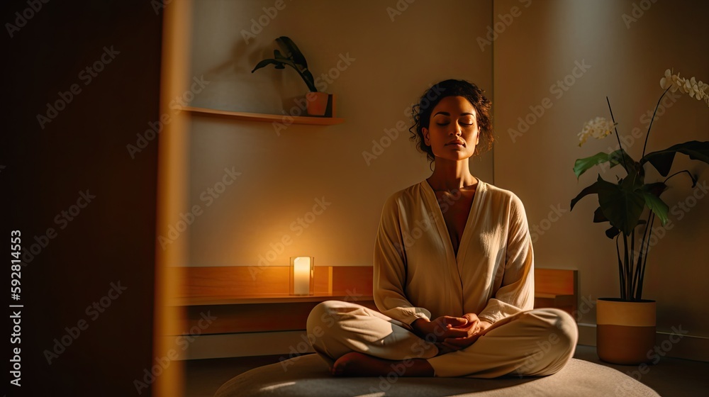 Serene meditation and wellness. Calm candle with plants and soft light. Yoga. - obrazy, fototapety, plakaty 