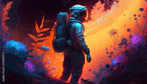 Astronaut explores an alien planet. Starman in space. Colorful abstract astronomy.