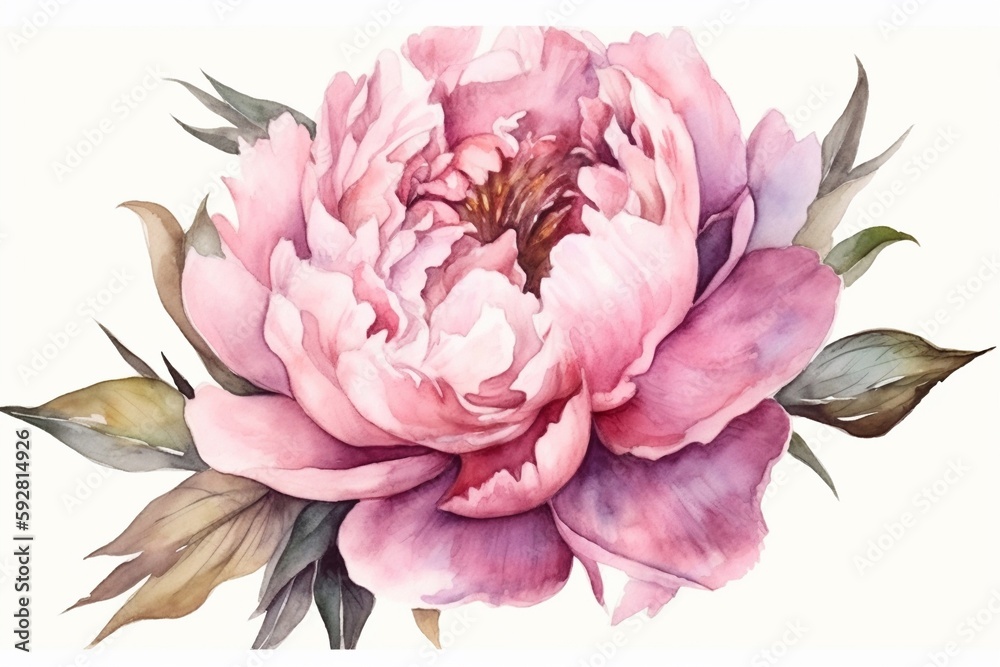 pink peony flower watercolor isolated on white AI Generative