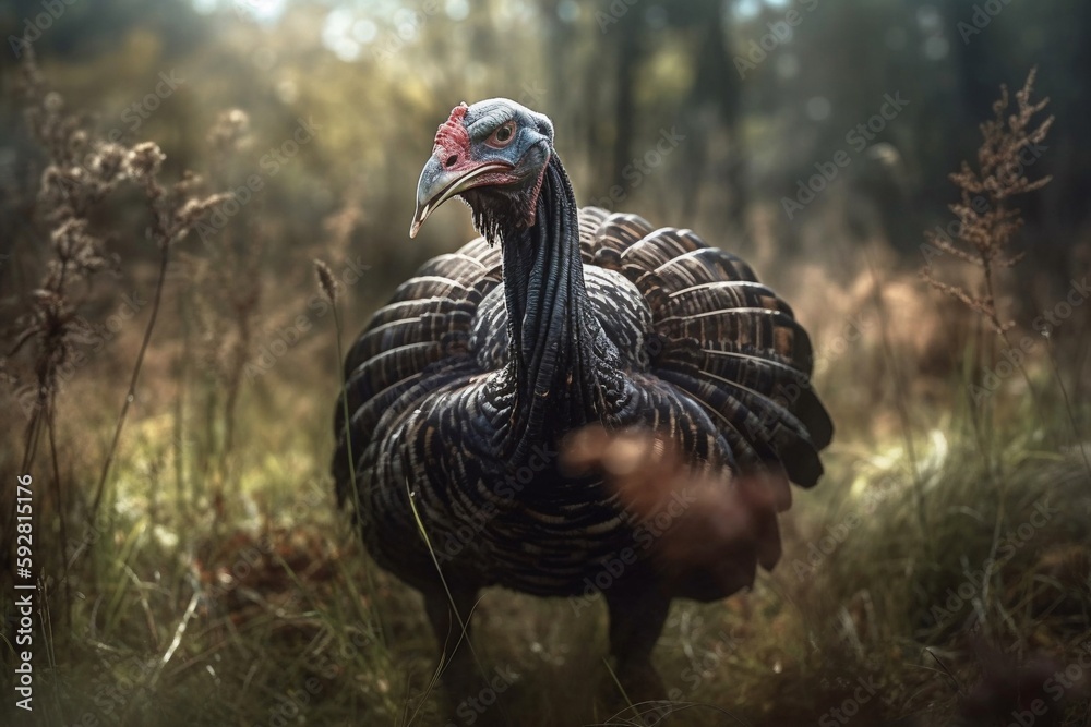 a turkey is in the forest grass