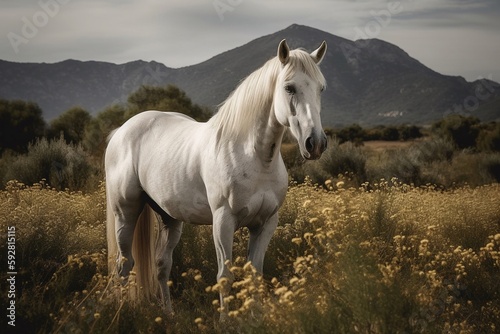 portrait of a white horse standing in the hills