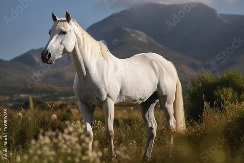 portrait of a white horse standing in the hills