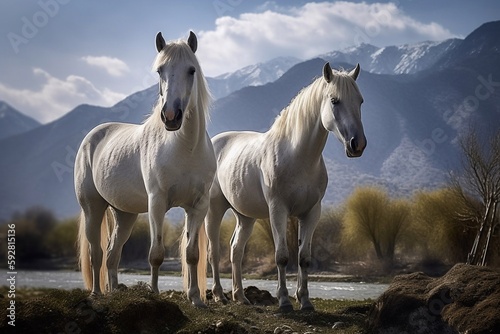 white horse standing by the river near the hills