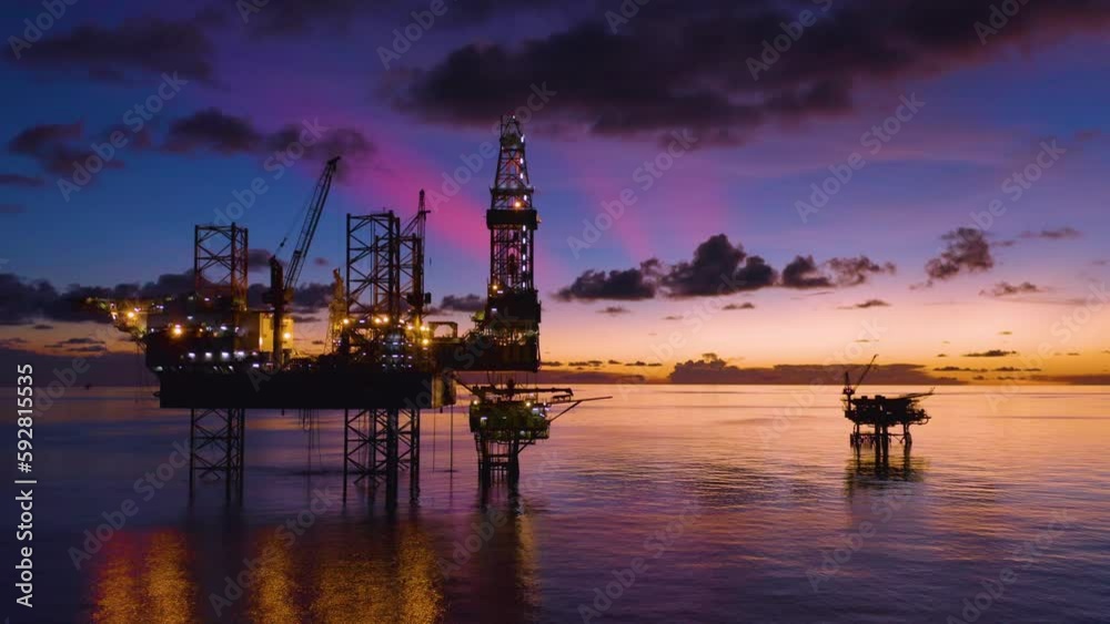 Aerial view of silhouette offshore jack up drilling rig during sunset - oil and gas industry
Aerial view of silhouette offshore jack up drilling rig during sunset - oil and gas industry