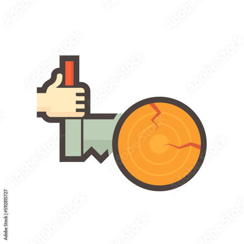 Log cross cutting work vector icon. Include 2 man crosscut saw tool, hand carpenter. To sawn timber, wood or logwood for firewood, lumber, board or construction material for build cabin, house.