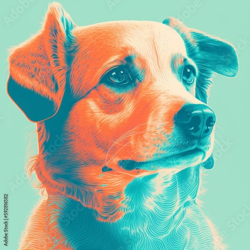 Cute Orange, Green Dog Illustration in Risograph Print Style, Generative AI