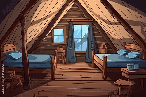 cozy bedroom with a view of nature from a window. Generative AI