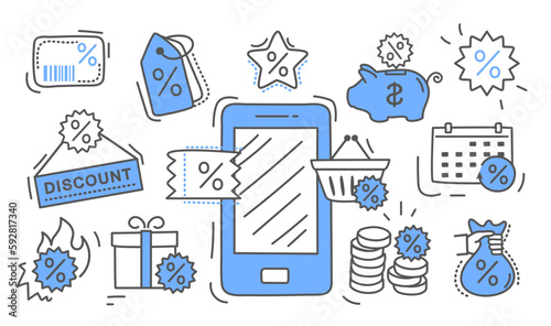 Loyalty program set. Collection of minimalistic icons. Discounts and promotions, gift vouchers and coupons. Online shopping and commerce. Cartoon flat vector illustrations isolated on white background