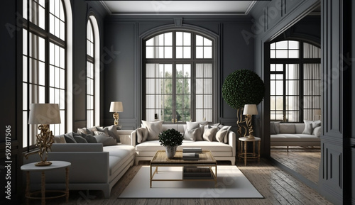 Sophisticated empty family room of interior design  3d rendering. Generative AI