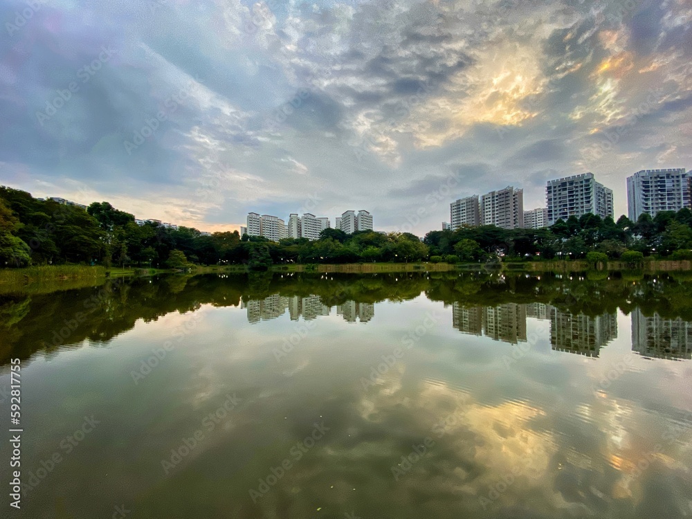 Reflection of housing estates near Punggol Park