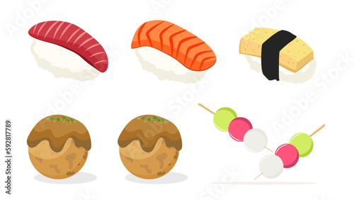 Sushi sashimi, Dango and Takoyaki japan asian food isolated on white background ,symbol of Japan ,Vector illustration EPS 10