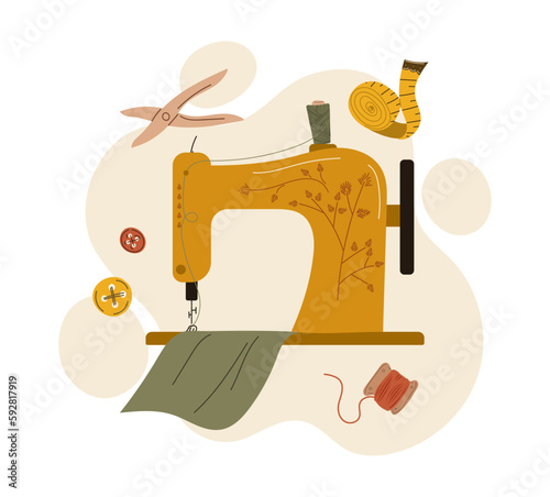 Professional sewing concept. Sewing machine with green piece of fabric near buttons. Seamstress inventory for handmade and clothing production. Poster or banner. Cartoon flat vector illustration
