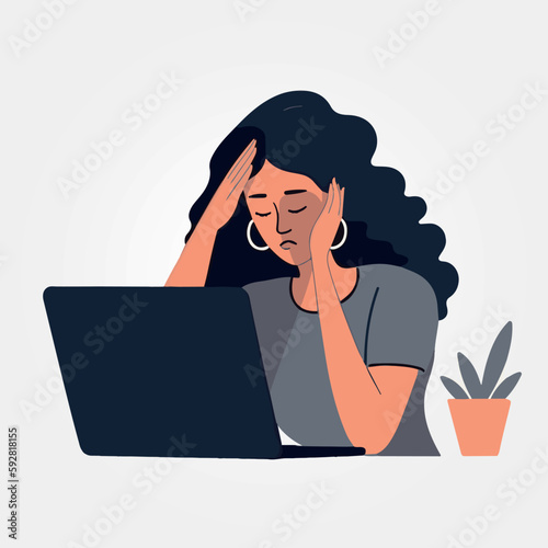 vector illustration woman tired of working on laptop