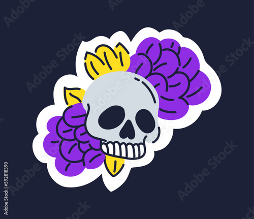 Scull with leaves concept. Head of skeleton in old style. Mexican traditions. Skull with plants. Design element for invitation and greeting postcard. Cartoon flat vector illustration