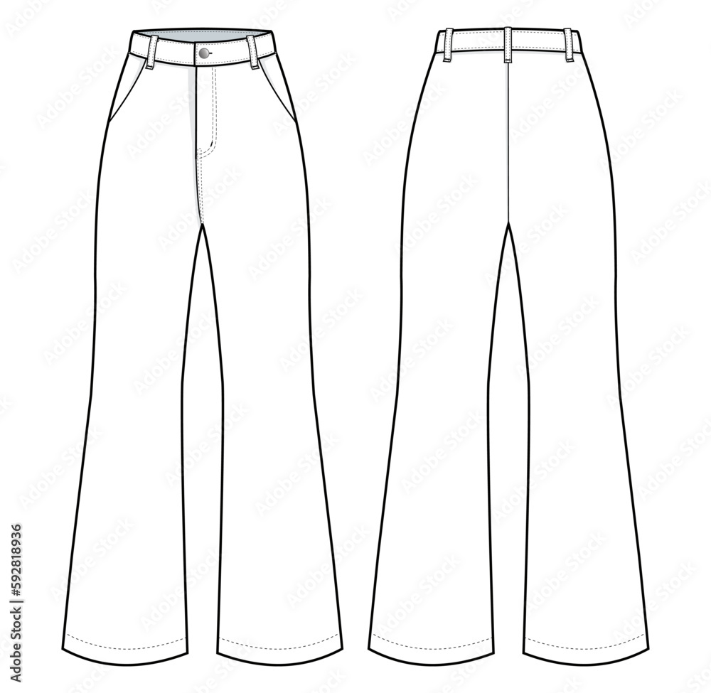 Flare pants fashion flat technical drawing template. Flare jeans ...