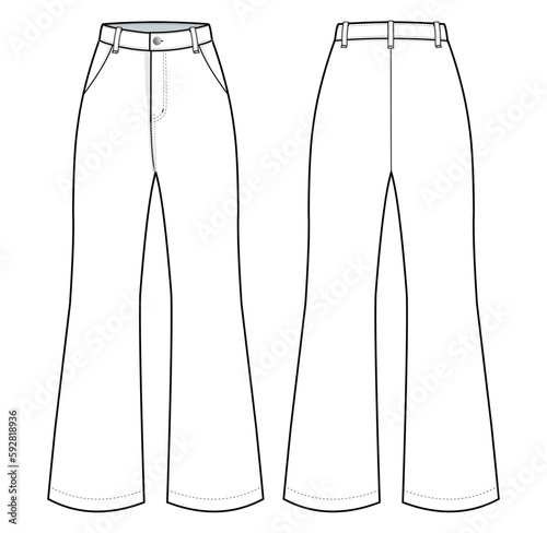 Flare pants fashion flat technical drawing template. Flare jeans technical fashion Illustration, front and back view, High Rise, isolated in white, CAD mockup set.