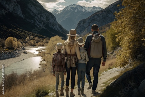 Caucasian family hiking at the beautiful place in the nature. They are enjoying walking by the river. Created with generative AI © Barbara