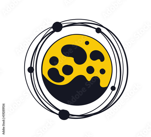 Space logo concept. Space body, galaxy and universe. Planet or asteroid. Astrology and astronomy. Sticker for social networks and messengers. Cartoon flat vector illustration