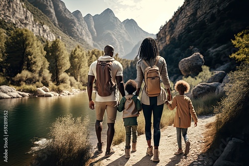 African American family with kids hiking a beautiful place in the nature. They are enjoying a view on the mountain and river. Created with generative AI
