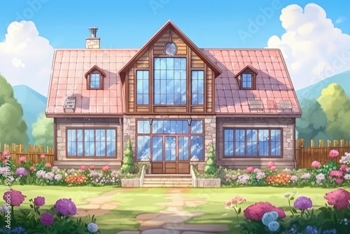 colorful house with abundant windows and a garden full of flowers. Generative AI