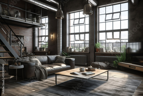 interior of a house living room loft in an urban industrial style, Generative AI 