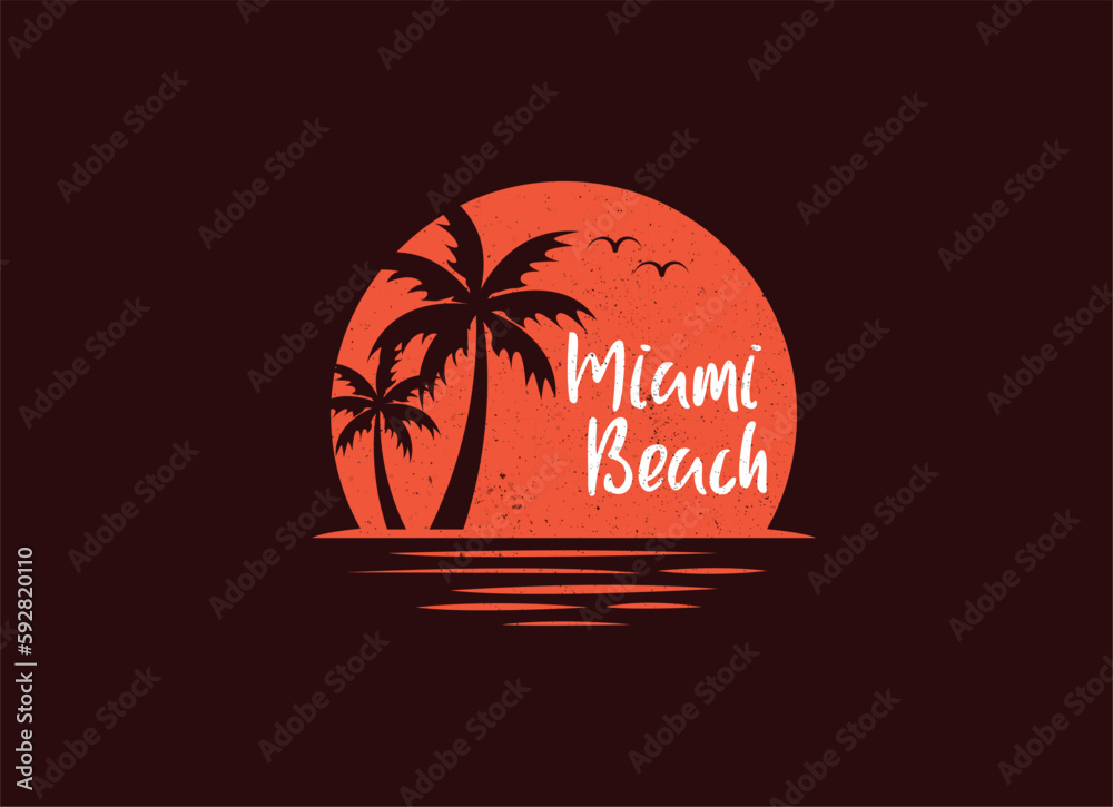 Miami sunset. T-shirt and apparel vector design, print, typography, poster, emblem with palm trees. Sunset logo design