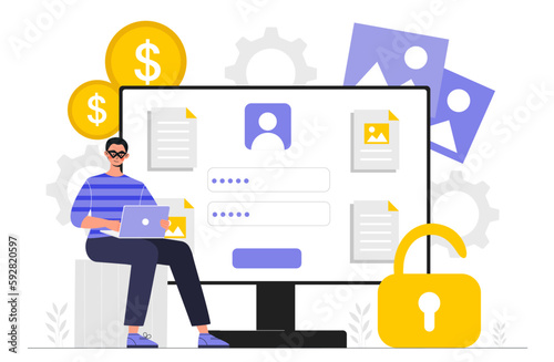 Computer hacking concept. Woman in mask with laptop sit on background of computer screen. Identity theft through viruses and Trojans. Security and safety on Internet. Cartoon flat vector illustration