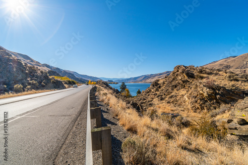 View from along Highway Route 2 heading west along the Columbia River in East Wenatchee, Douglas County, in Washington State, USA photo