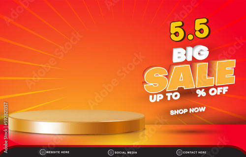 05.05 big sale discount template banner with blank space 3d podium for product sale with abstract gradient red and orange background design