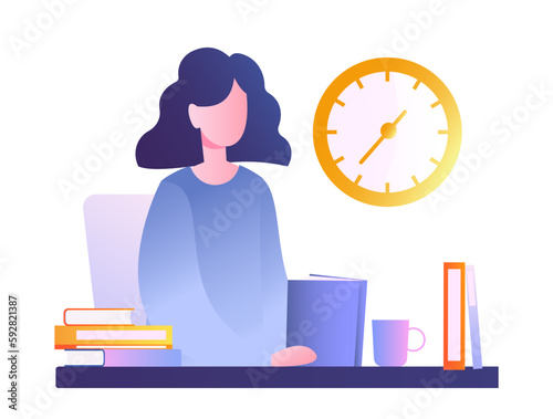 Online education concept. Woman sits with book in her hands next to clock. Selfdevelopment, education and training. Student doing homework, preparing for test. Cartoon flat vector illustration