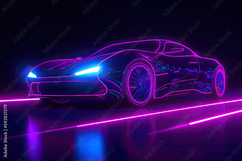 Cyberpunk Synthwave Neon pink car on black background - made with generative ai 