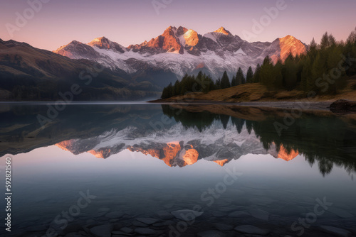 Sunrise and reflection of mountains on a lake - made with generative ai