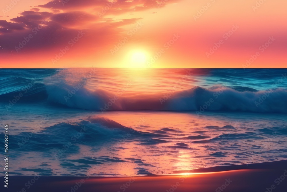 ocean, waves, beautiful sunset, summer, seashore , coast 8k - generative ai