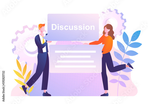 Press release concept. Man and woman standing next to speech bubbles. Communication and interaction between business and customers. Advertising and announcement. Cartoon flat vector illustration