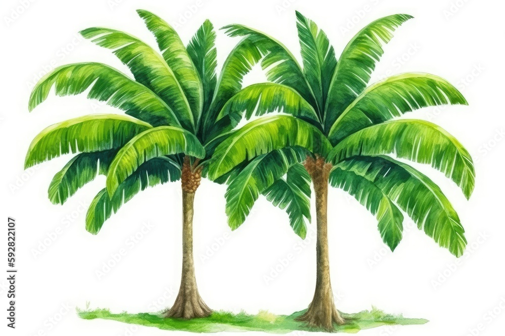 three palm trees with lush green leaves against a blank white background. Generative AI