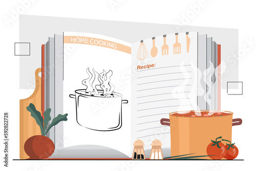 Recipe books concept. Soup pot with ingredients, vegetables near book. Home cooking and instructions. Homemade food preparation and healthy eating. Cartoon flat vector illustration