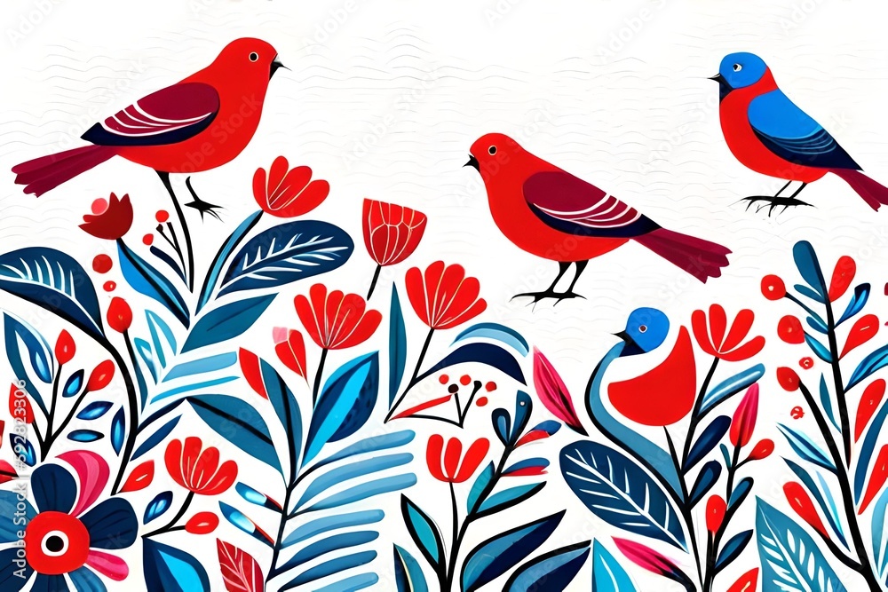 digital illustration, abstract floral pattern with birds, red blue folklore motif isolated on white background, watercolor texture, horizontal botanical design, modern fashion print