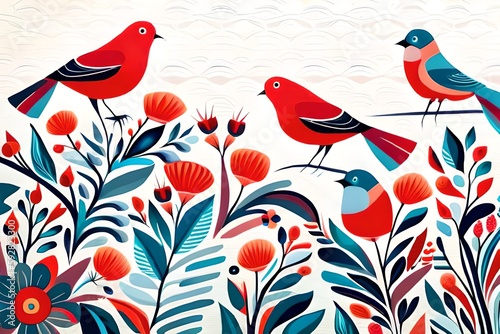 digital illustration, abstract floral pattern with birds, red blue folklore motif isolated on white background, watercolor texture, horizontal botanical design, modern fashion print © DESIGN