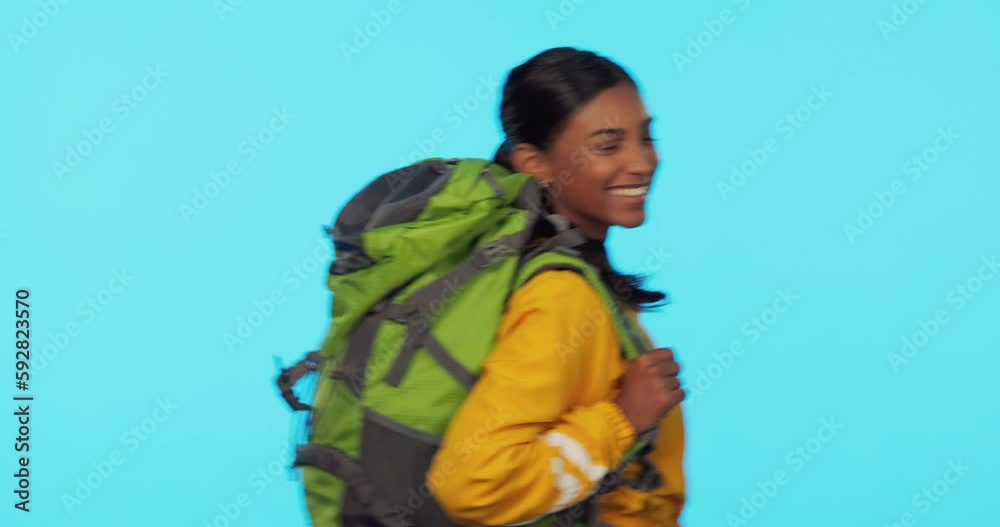 Backpack, wink and woman face in studio with travel and journey happiness. Isolated, blue background and young person feeling flirty with a happy smile ready for vacation and adventure with mockup Backpack, wink and woman face in studio with travel and journey happiness. Isolated, blue background and young person feeling flirty with a happy smile ready for vacation and adventure with mockup