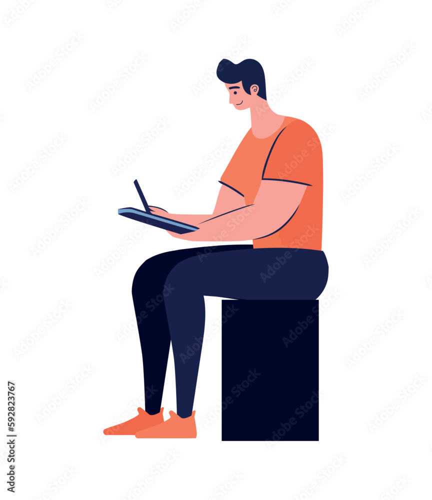 One man sitting using device One man sitting using device