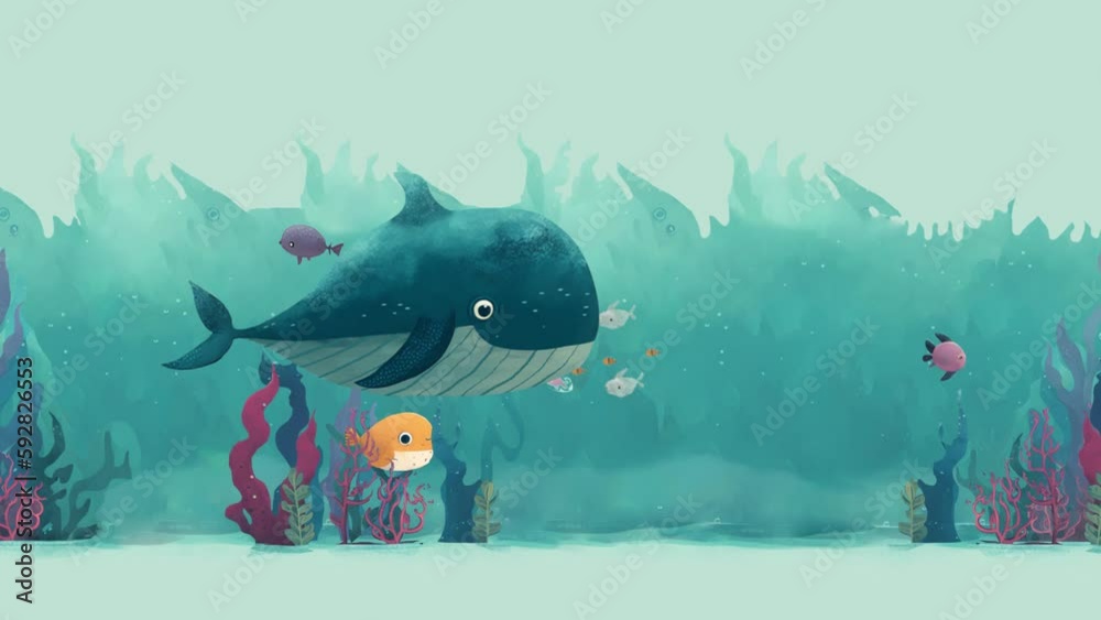 Video de niñas leyendo e imaginando historias del fondo del mar, una ballena nadando entre un cardumen de peces, estilo cuento ilustrado con acuarela.