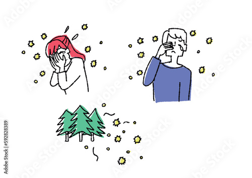 
花粉症で辛い思いをしている人々のセット