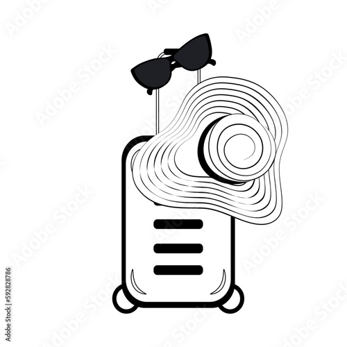 Set of outline drawing of a hat with wide brim and a strips around, sunglasses and travel suitcase