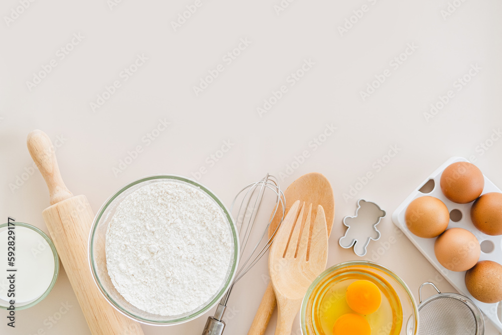 Baking ingredients for pastry on the white table Baking ingredients for pastry on the white table