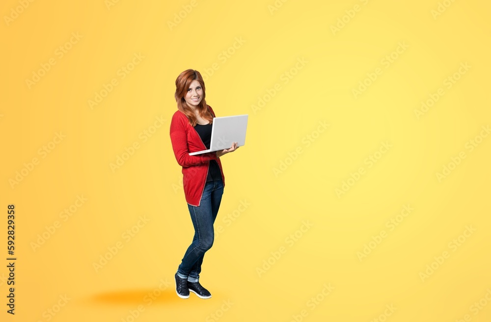 smiling young woman hold laptop computer smiling young woman hold laptop computer