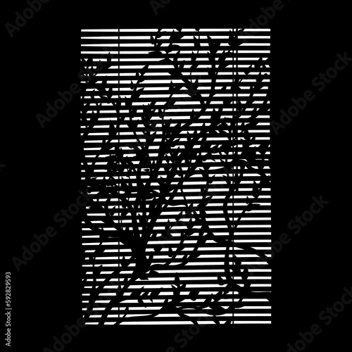 Silhouette of window, blinds and branches on black background. Gobo mask