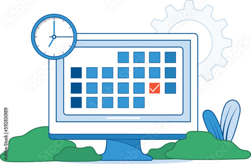 Schedule planning illustration. Planning work tasks, filling check list, making schedule using calendar. Business and organization concept. Vector illustration.