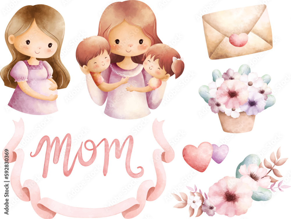 Watercolor illustration set of Mothers day clipart Watercolor illustration set of Mothers day clipart