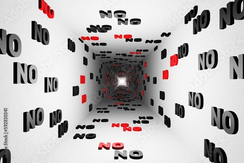 No symbol or nope marks in white tunnel background 3d render. Say no or dont like pattern. Negation views